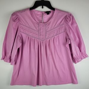 J. Crew Black Label Puff Sleeve Lace Mauve Pink Cotton Peasant Top Size Large